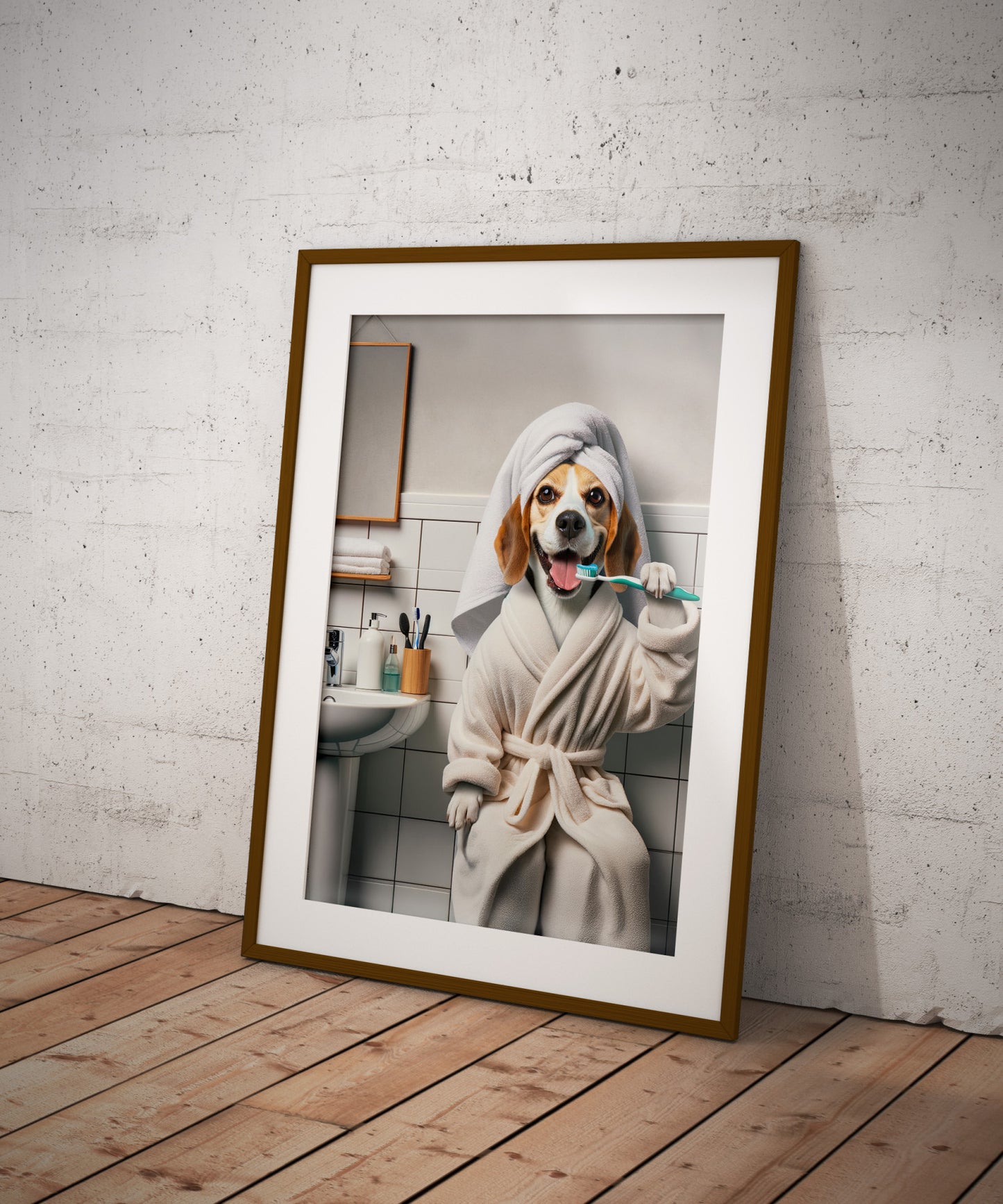 Portrait of a Beagle Brushing Teeth in Bathrobe – Funny Dog Bathroom Decor, Cute Poster, Beagle Prints, Beagle Gifts, Framed art