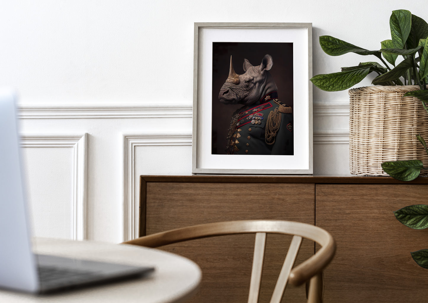 Rhino in Military Uniform Poster - Unique Animal Wall Art for Decoration, Rhinoceros Wall Poster for Framing