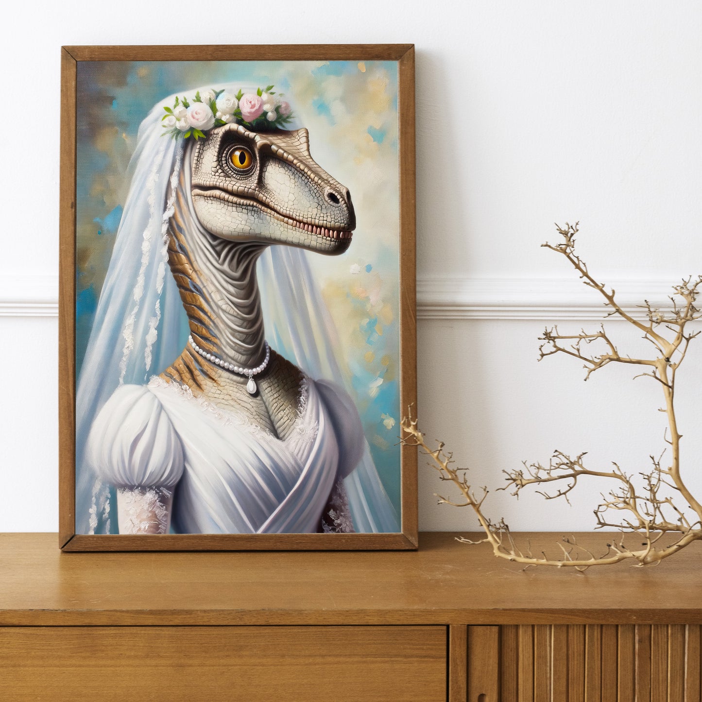 Unique Velociraptor Bride Poster - Dinosaur Wedding Dress Wall Art - Funny Animal Decor Gift