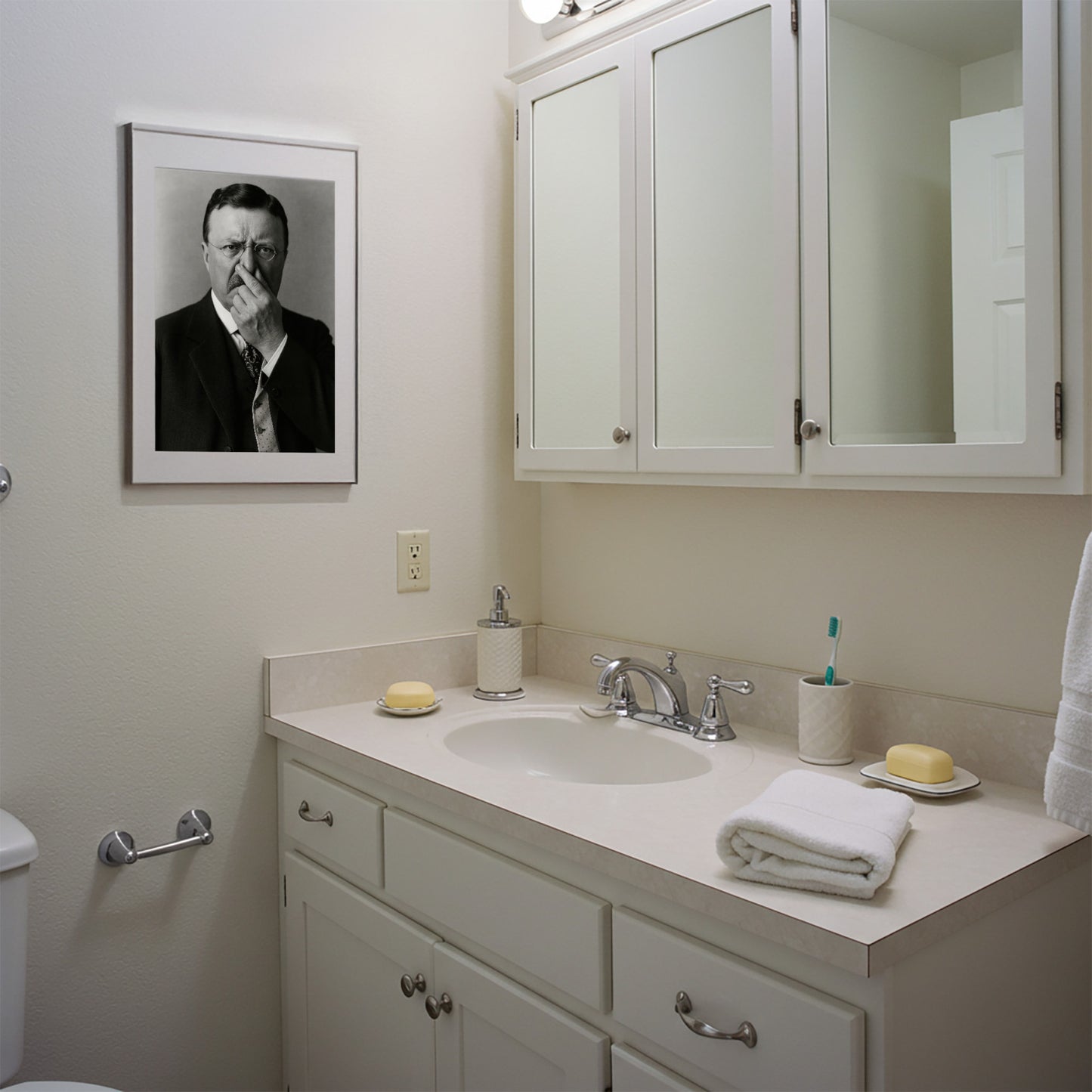 Funny Teddy Roosevelt Bathroom Poster – Humorous Toilet Wall Art, Quirky Parody Decor, Unique Framed Gift for Restroom or Home