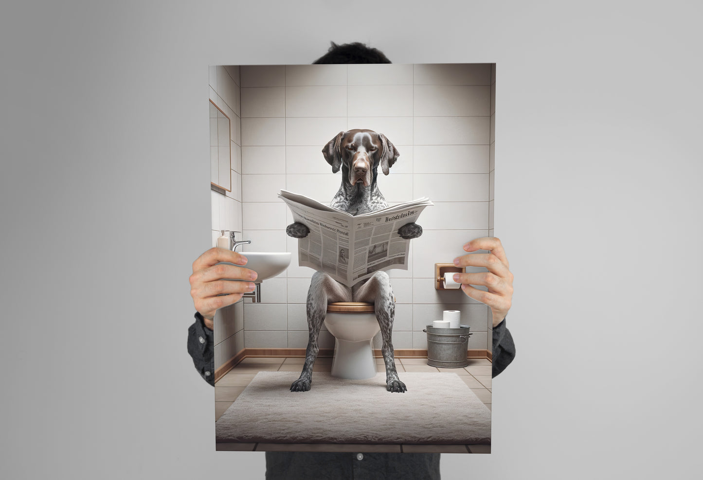 German Shorthaired Pointer Reading Newspaper Poster – Fun Bathroom Decor, WC Art, Gag Gift