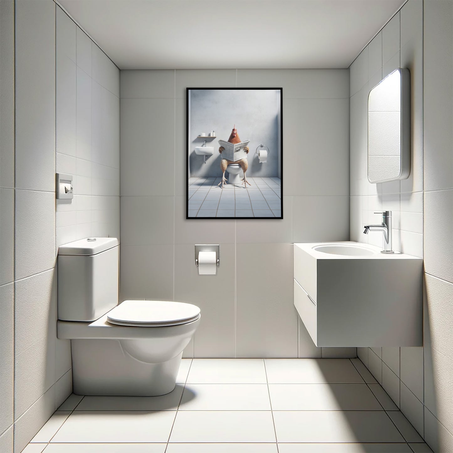 Unique Chicken Reading Newspaper Poster - Funny Bathroom Wall Art | WC Toilet Decor | Quirky Gift