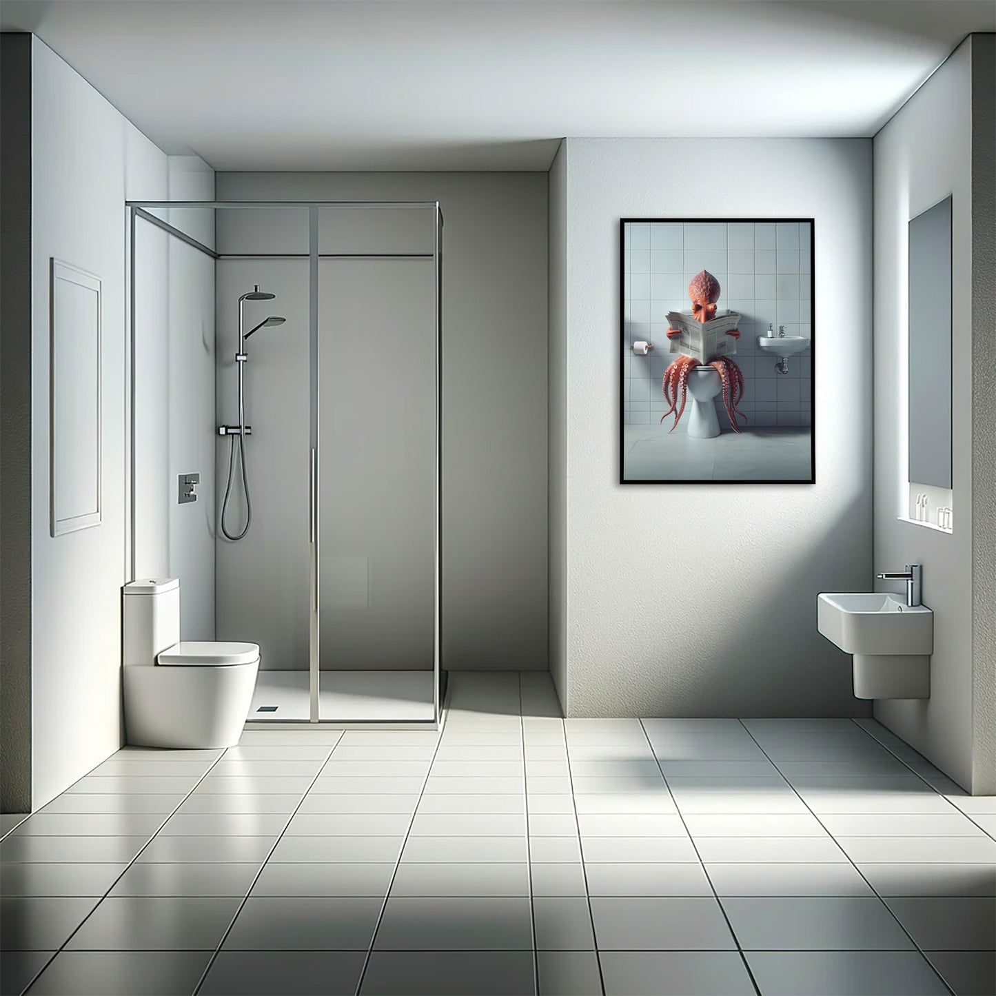 Poster Humour : Pieuvre Lisant le Journal aux Toilettes, Déco Drôle WC & Salle de Bain, Idée Cadeau Originale