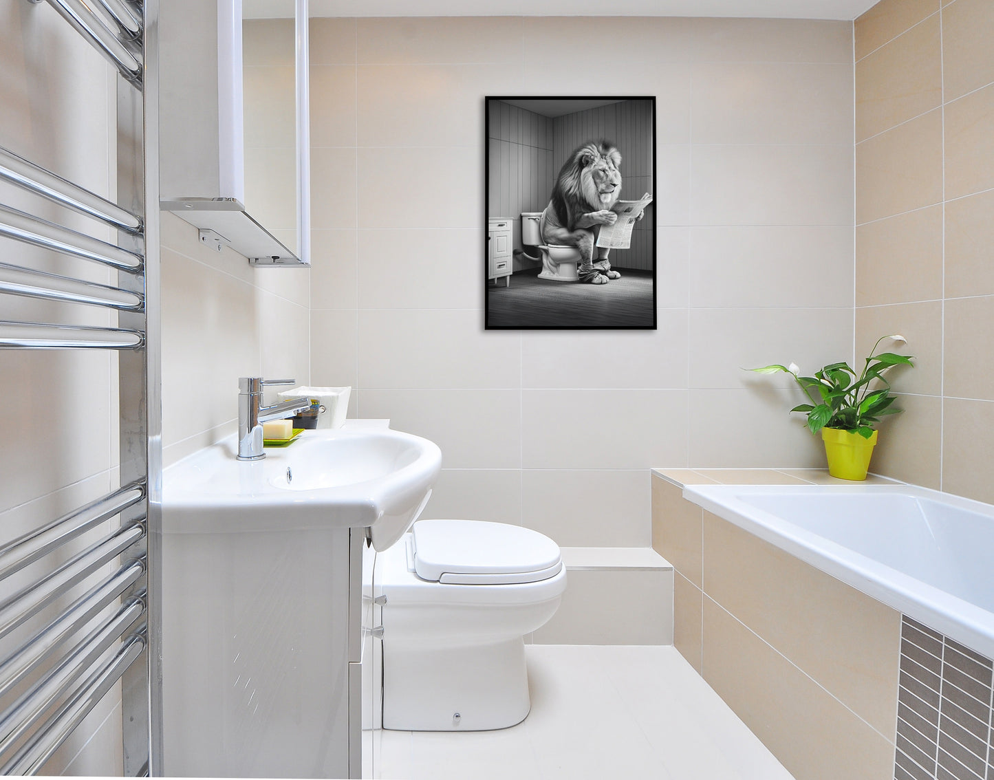 Lion Reading on Toilet Poster - Black and White Funny Bathroom Wall Art - Unique WC Decor - Fun Gift Idea
