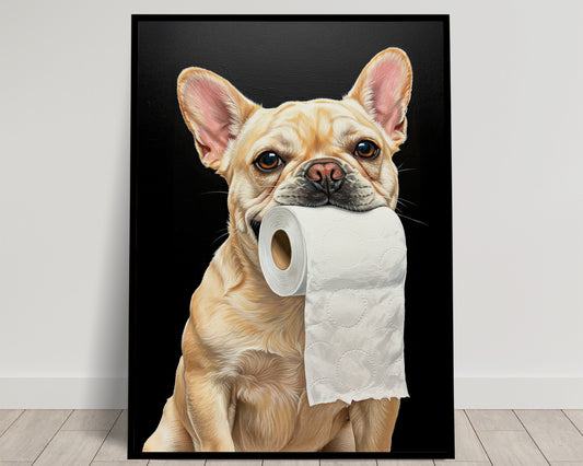 Poster Bouledogue Français Crème Humoristique pour Toilettes – Déco WC, Cadeau Bulldog, Affiche Murale Encadrée Modern