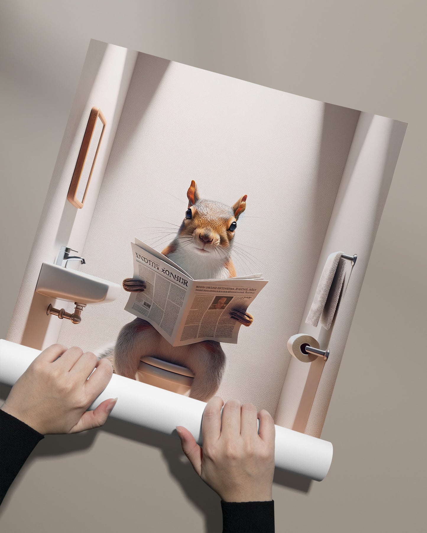 Funny Squirrel Reading Newspaper Toilet Poster - Unique Gag Gift Bathroom Wall Art Decor for WC