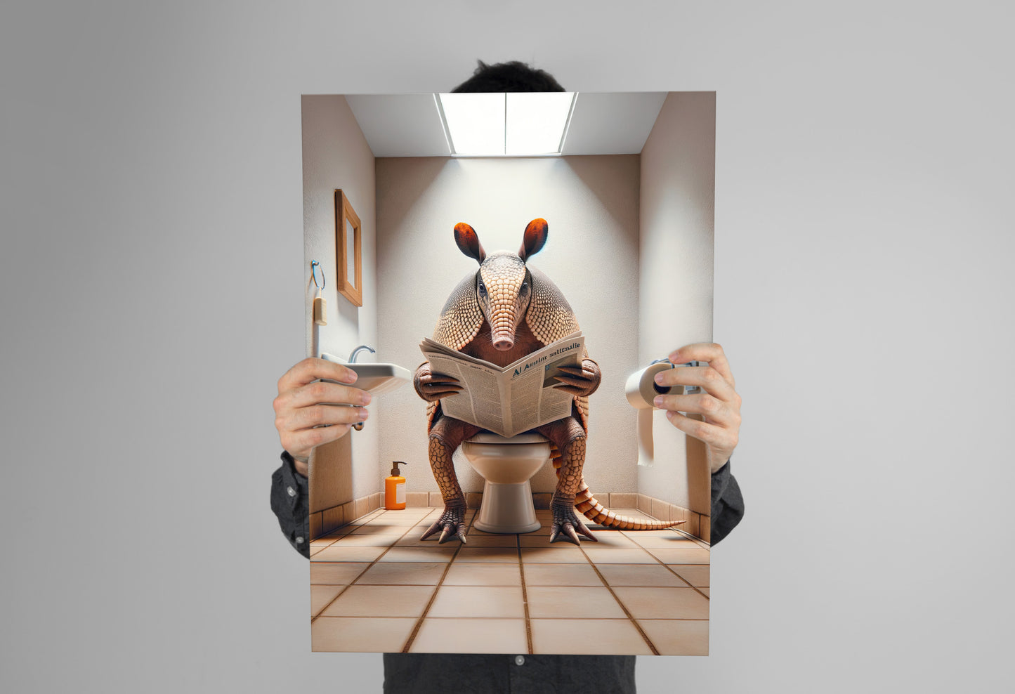 Armadillo Reading Newspaper Poster - Funny Bathroom Wall Art Decor - Unique WC Toilet Gag Gift