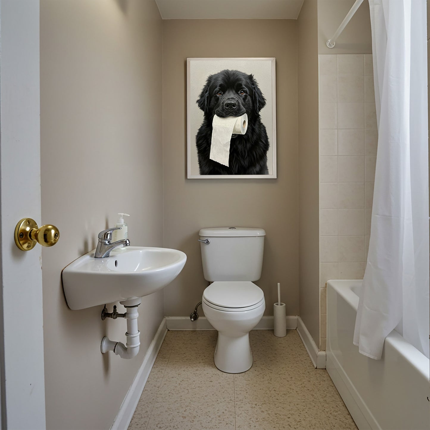 Newfoundland with toilet paper roll in mouth, Toilet Humor, Black Newfie Gifts, Bathroom Print, Dog Lover Gift, WC Wall Art, Framed Print