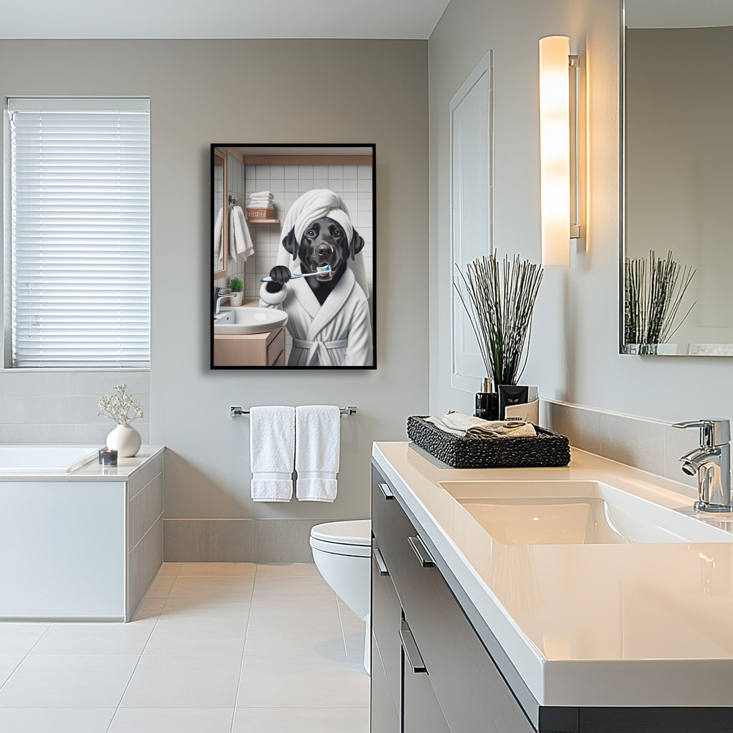 Portrait of a Labrador Brushing Teeth in Bathrobe – Funny Dog Bathroom Decor, Cute Poster, Labrador Print, Labrador Gift, Framed art