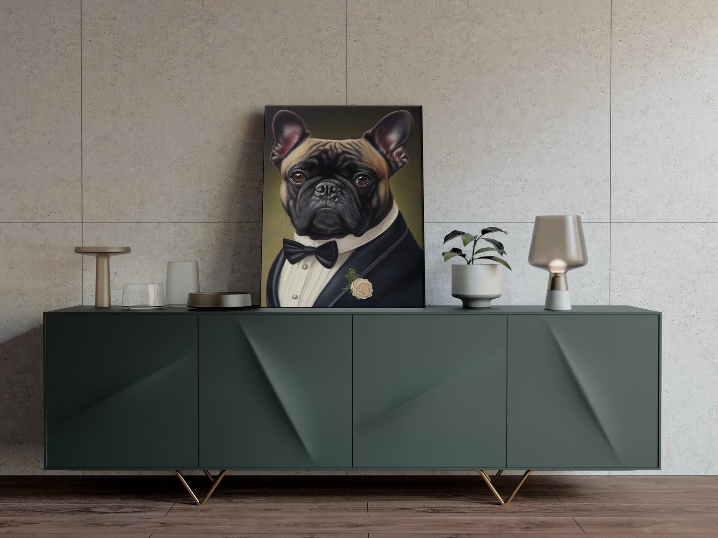 Chic French Bulldog Poster in Tuxedo - Humorous Wall Art Print - Elegant Dog Portrait Decor