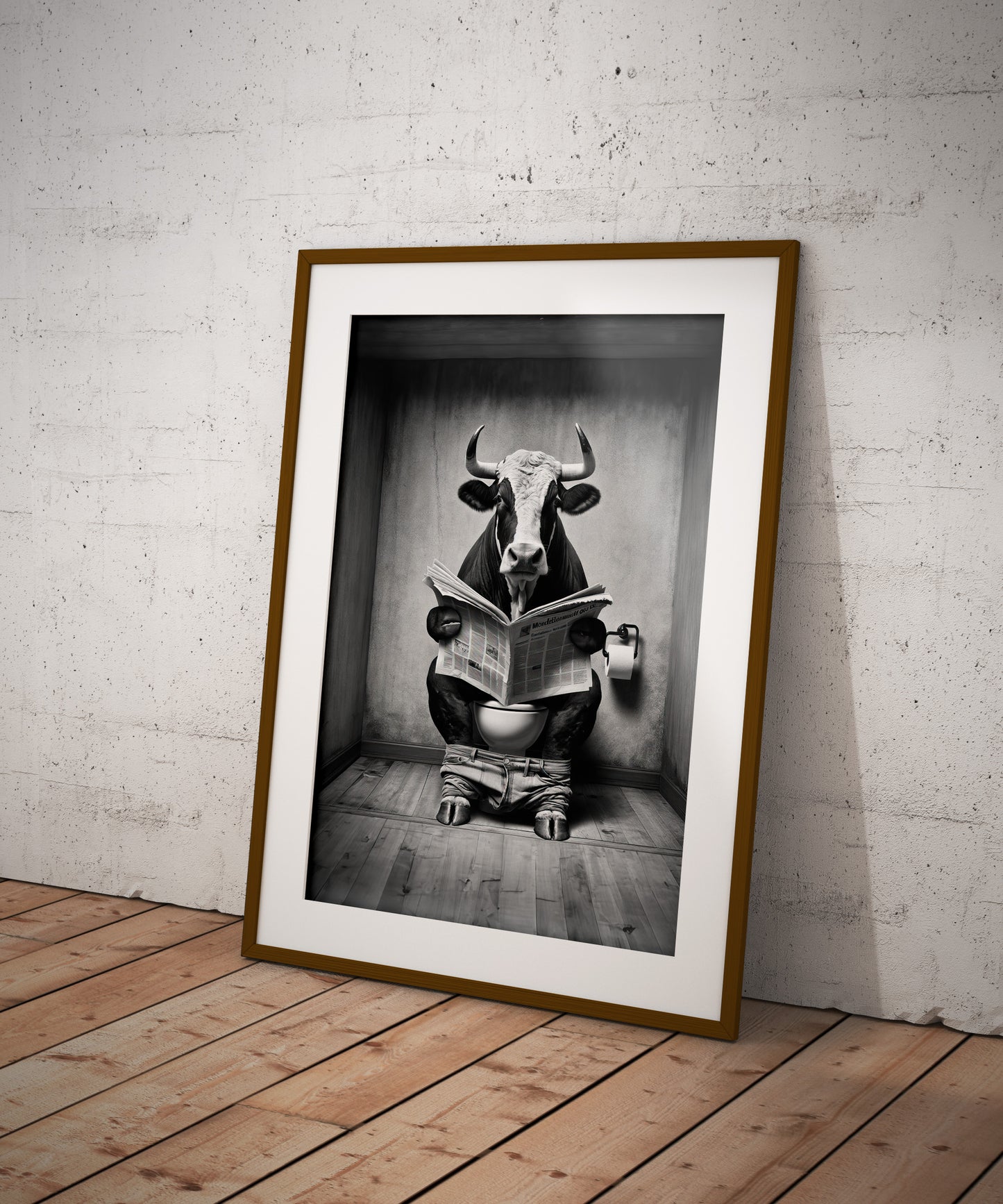 Poster Humoristique Taureau Lisant le Journal, Déco Toilette et Salle de Bain, Idée Cadeau Fun et Original, Affiche Murale