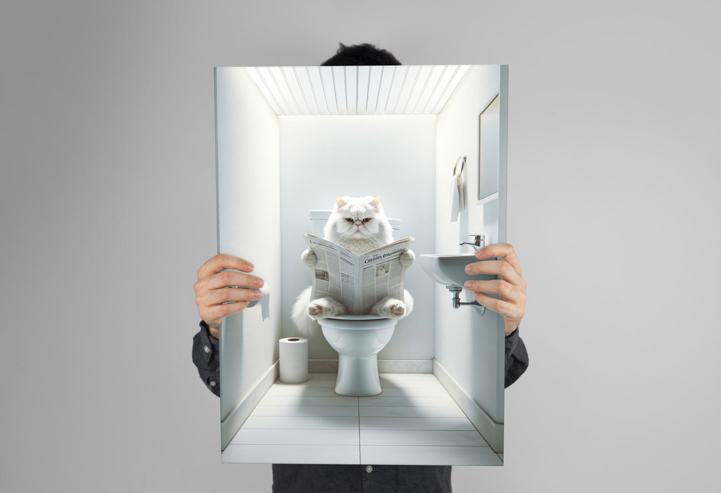 Affiche Murale Chat Persan Blanc aux Toilettes, Décoration Humour Salle de Bain, Poster WC Rigolo, Cadeau Amoureux des Chats
