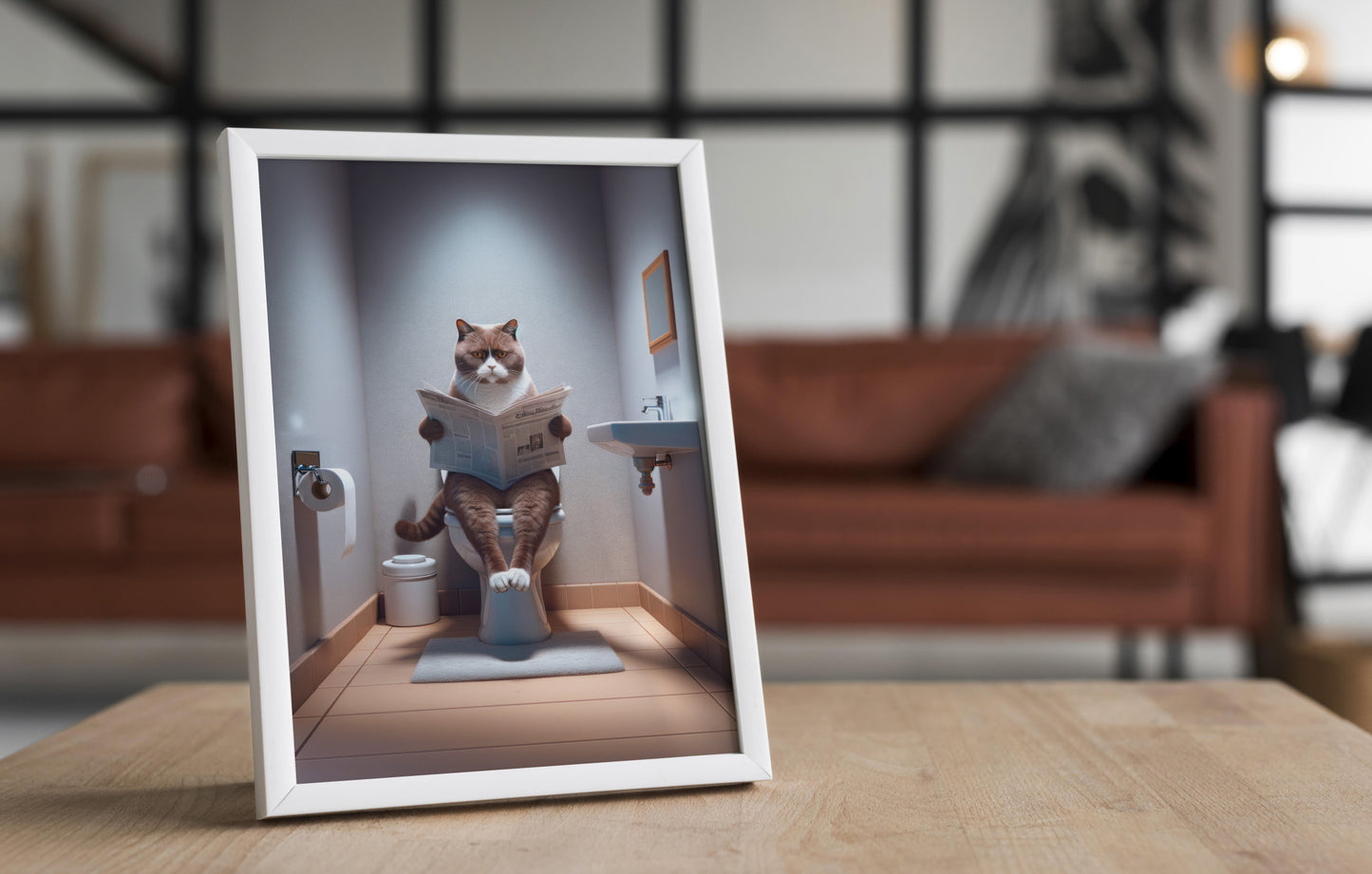 Affiche murale Chat British Shorthair Chocolat et Blanc - Déco WC & Salle de Bain Humour, Idée Cadeau Fun Originale