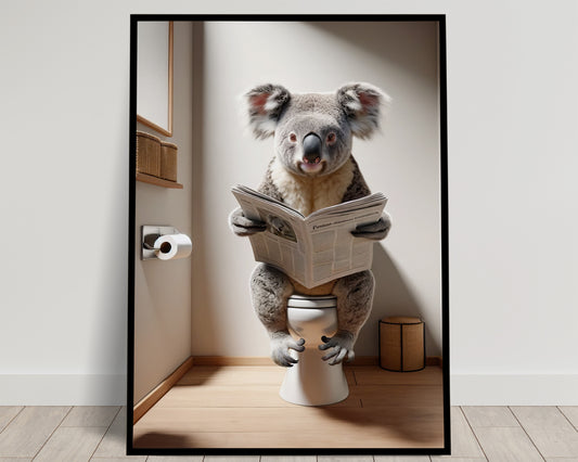 Poster Koala lisant le journal, Décoration Humoristique WC, Cadre déco Salle de bain, Idée Cadeau Fun
