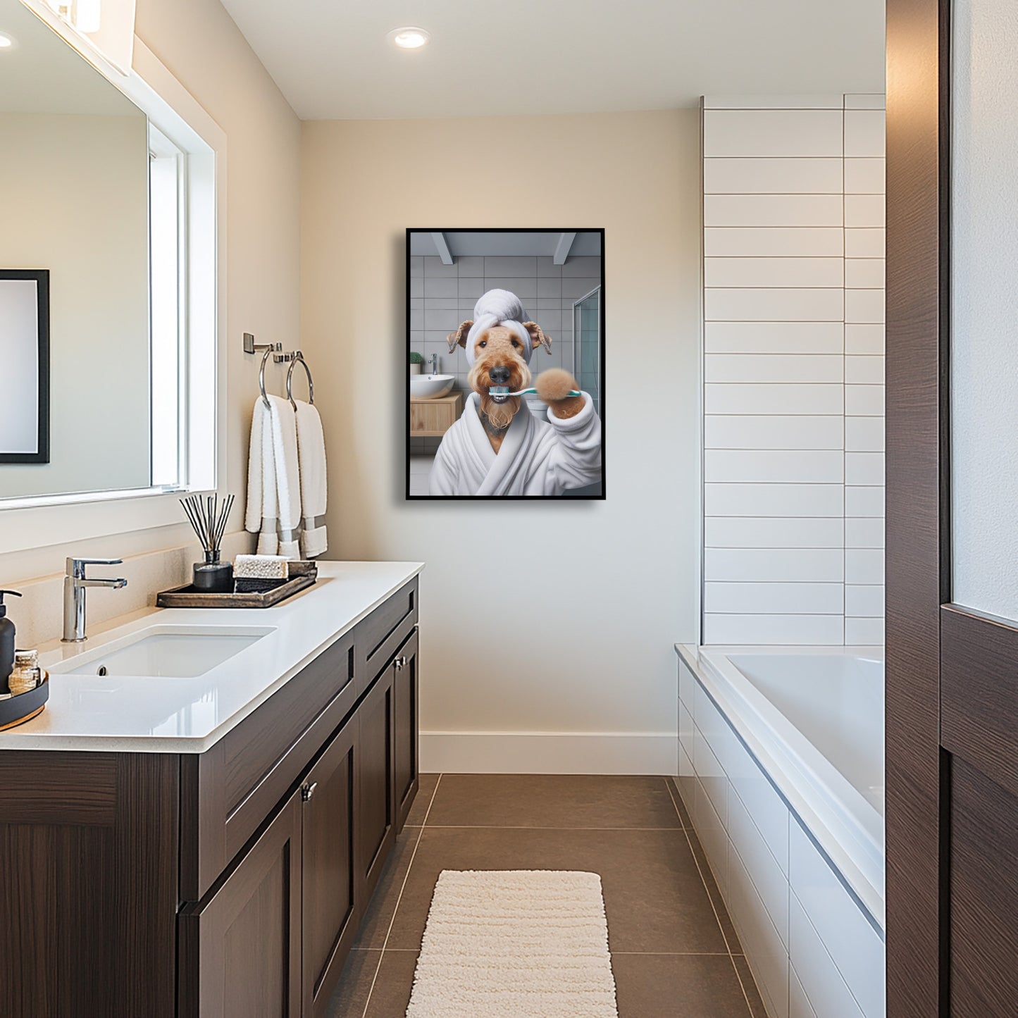 Portrait of a Airedale Brushing Teeth in Bathrobe – Funny Dog Bathroom Decor, Cute Poster, Airedale Print, Beagle Gift, Framed art
