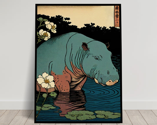 Vintage Japanese Ukiyo-e Hippopotamus Poster | Animal Wall Art Print for Home Decor