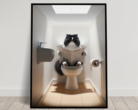 Affiche Humour : Chat Persan Noir et Blanc lisant aux Toilettes - Déco WC & Salle de Bain, Cadeau Rigolo pour Amateurs de Chats