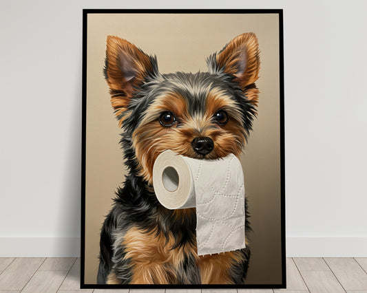 Poster chien Yorkshire drôle pour toilettes – Décoration murale WC, idée cadeau, affiche encadrée, art mural humoristique