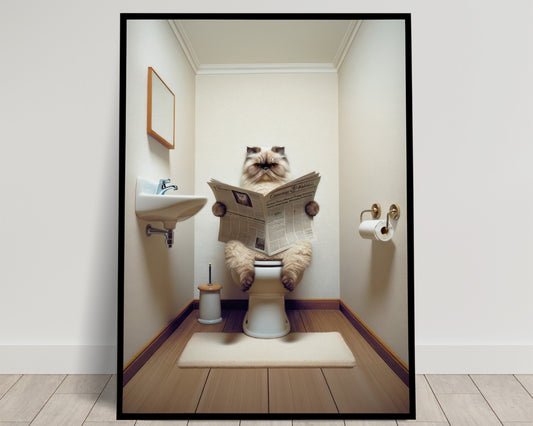 Affiche Murale Chat Persan Seal Point Lisant, Humour Décoration WC & Salle de Bain, Poster Cadeau Amusant Chat