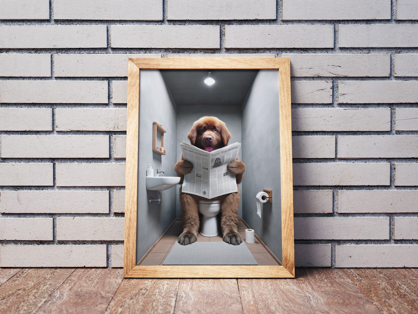 Funny Brown Newfoundland Dog Reading Newspaper Toilet Poster - Humorous Bathroom Wall Art Gag Gift for WC Decor