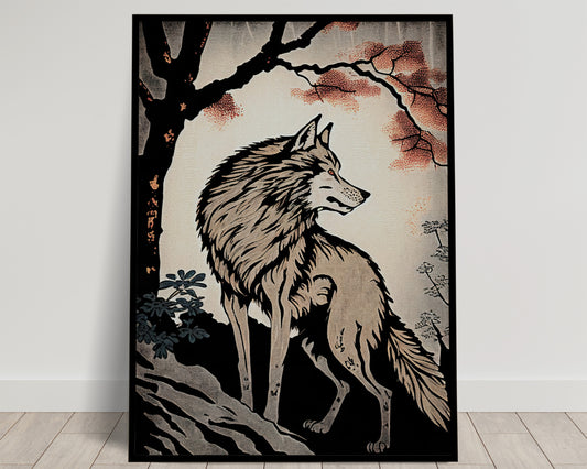 Japanese Wolf in Forest Poster - Ukiyo-e Style Wall Art, Japanese Illustration Print for Home Decor
