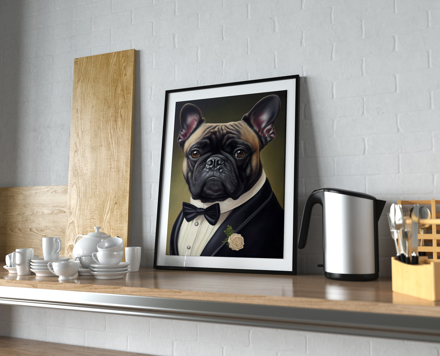 Chic French Bulldog Poster in Tuxedo - Humorous Wall Art Print - Elegant Dog Portrait Decor