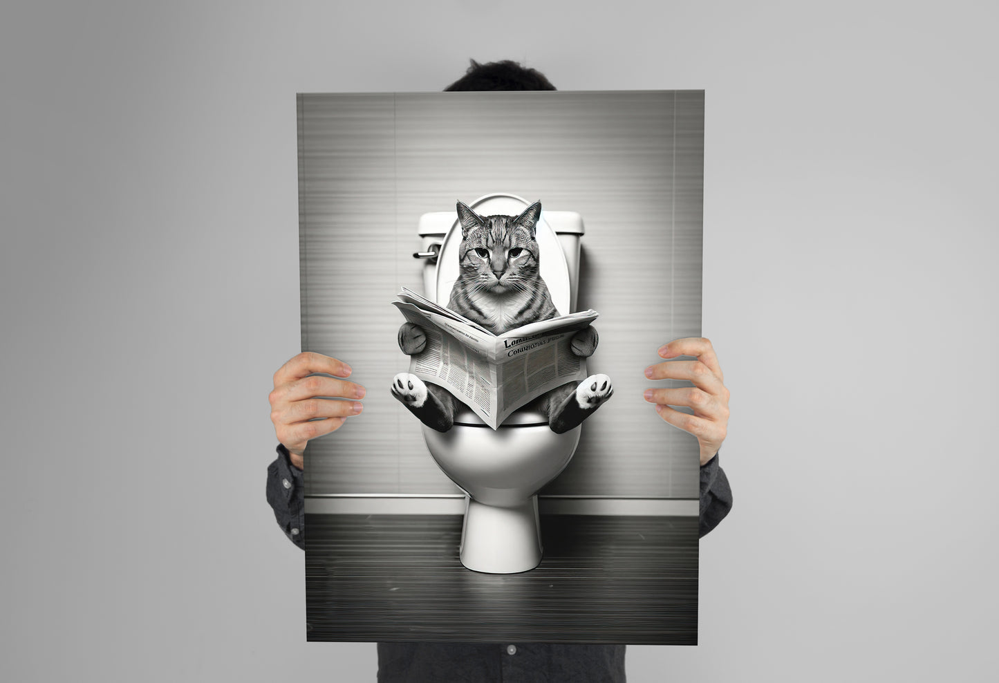 Cat Reading on Toilet Poster - Black & White Bathroom Wall Art | Fun WC Decor | Funny Gift for Cat Lovers