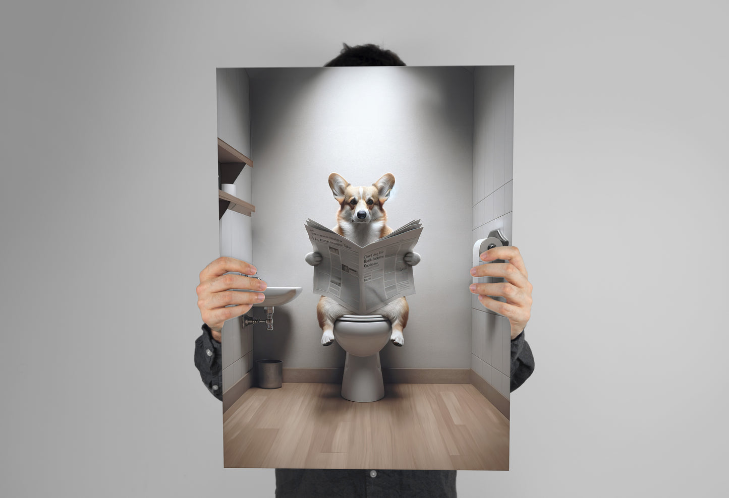 Funny Corgi Reading Newspaper Poster - Unique Bathroom Wall Art Decor - Humorous WC Toilet Gift
