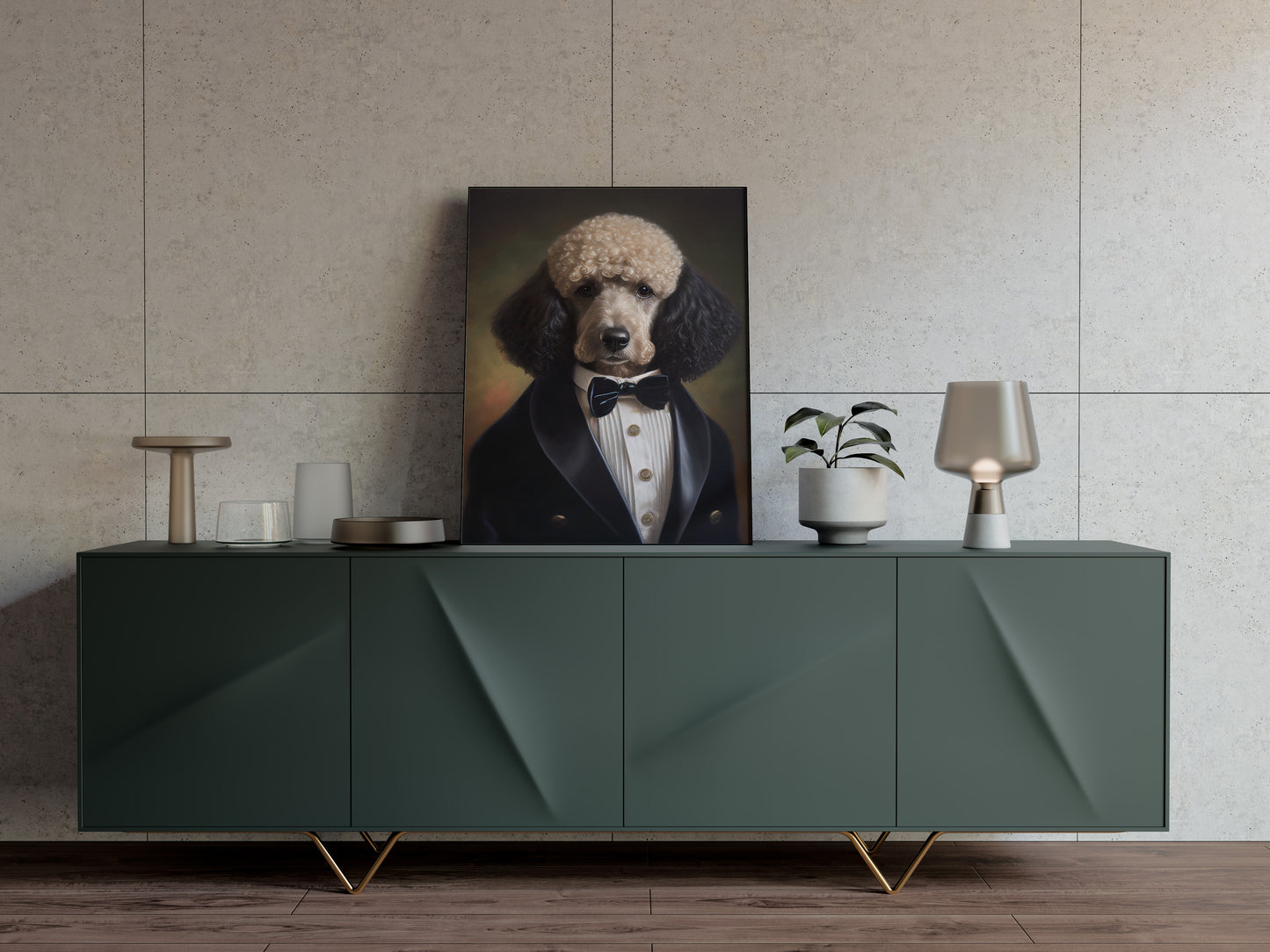 Chic Poodle in Tuxedo Poster – Elegant Dog Wall Art | Humorous Pet Portrait Print for Home Decor