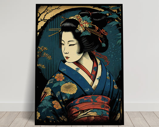 Elegant Japanese Geisha Poster in Blue Kimono - Traditional Art Style for Sophisticated Home Decor