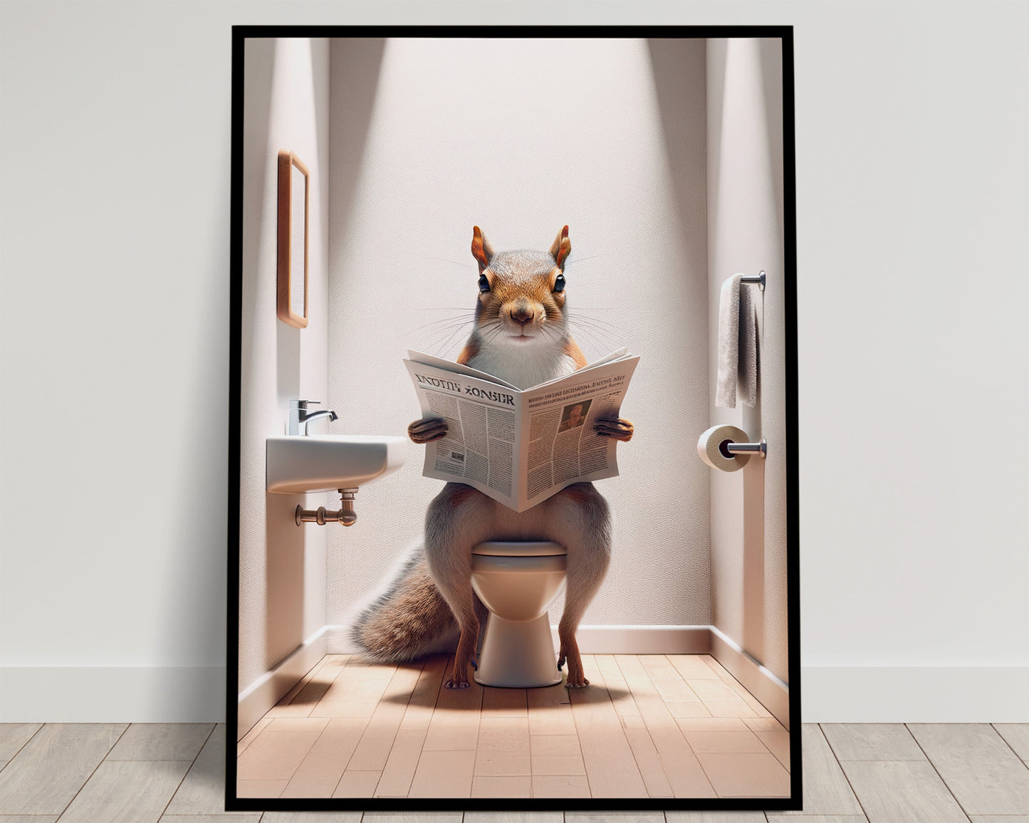 Funny Squirrel Reading Newspaper Toilet Poster - Unique Gag Gift Bathroom Wall Art Decor for WC
