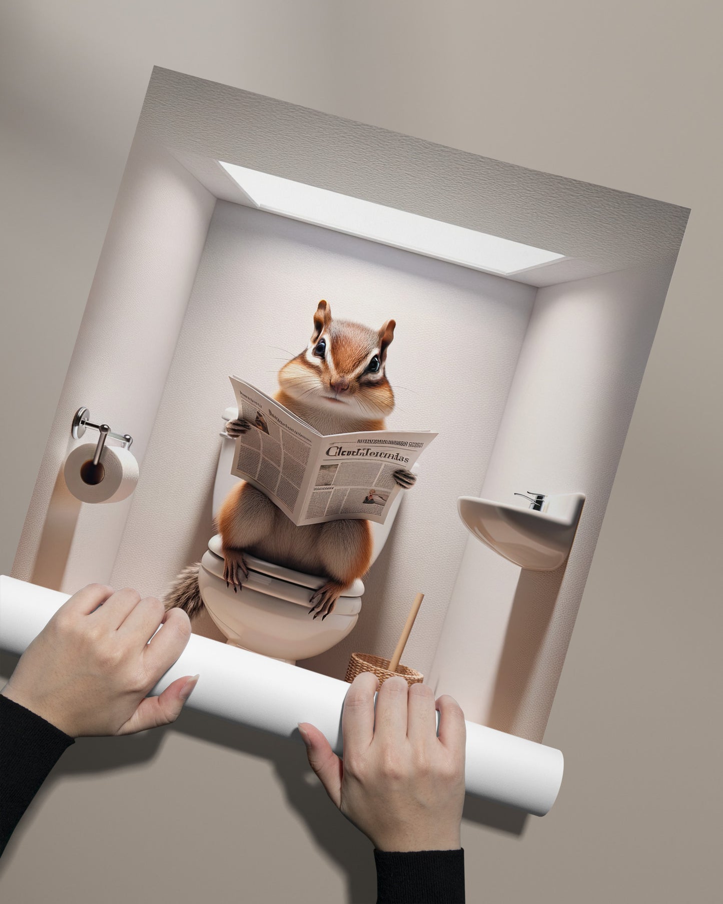 Poster humour : Écureuil lisant le journal, Décoration WC, Cadre déco salle de bain, Art mural drôle, Cadeau original Toilettes