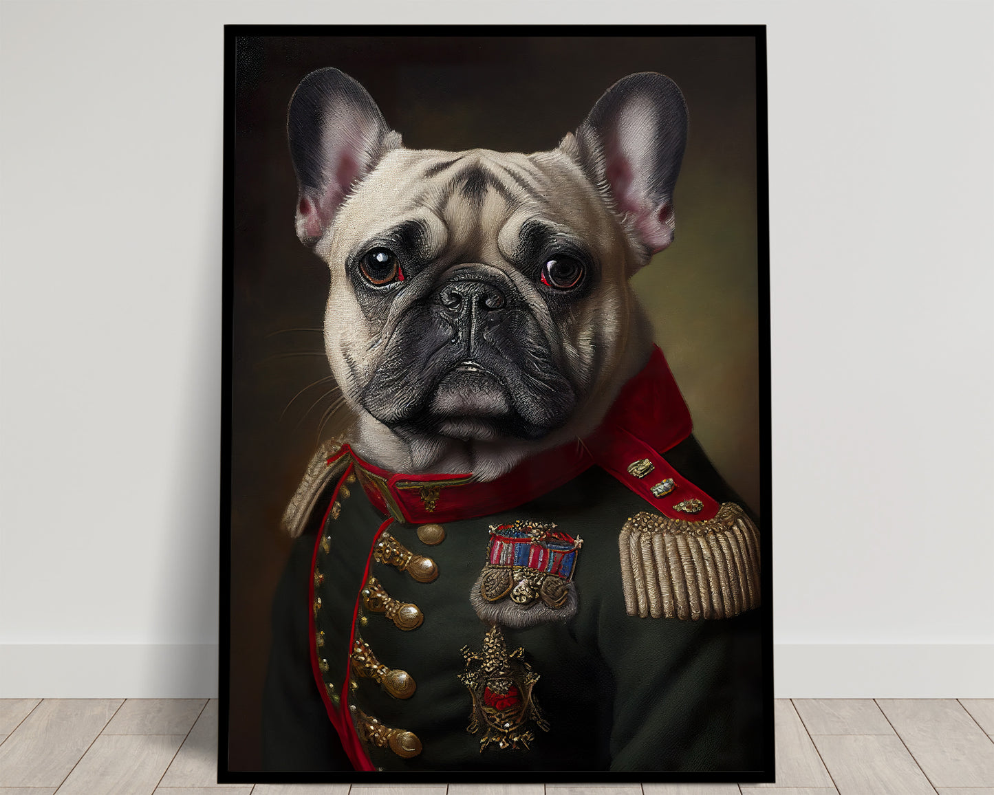 French Bulldog in Military Uniform Poster, Animal Wall Art, Dog Decor, Framed Wall Poster