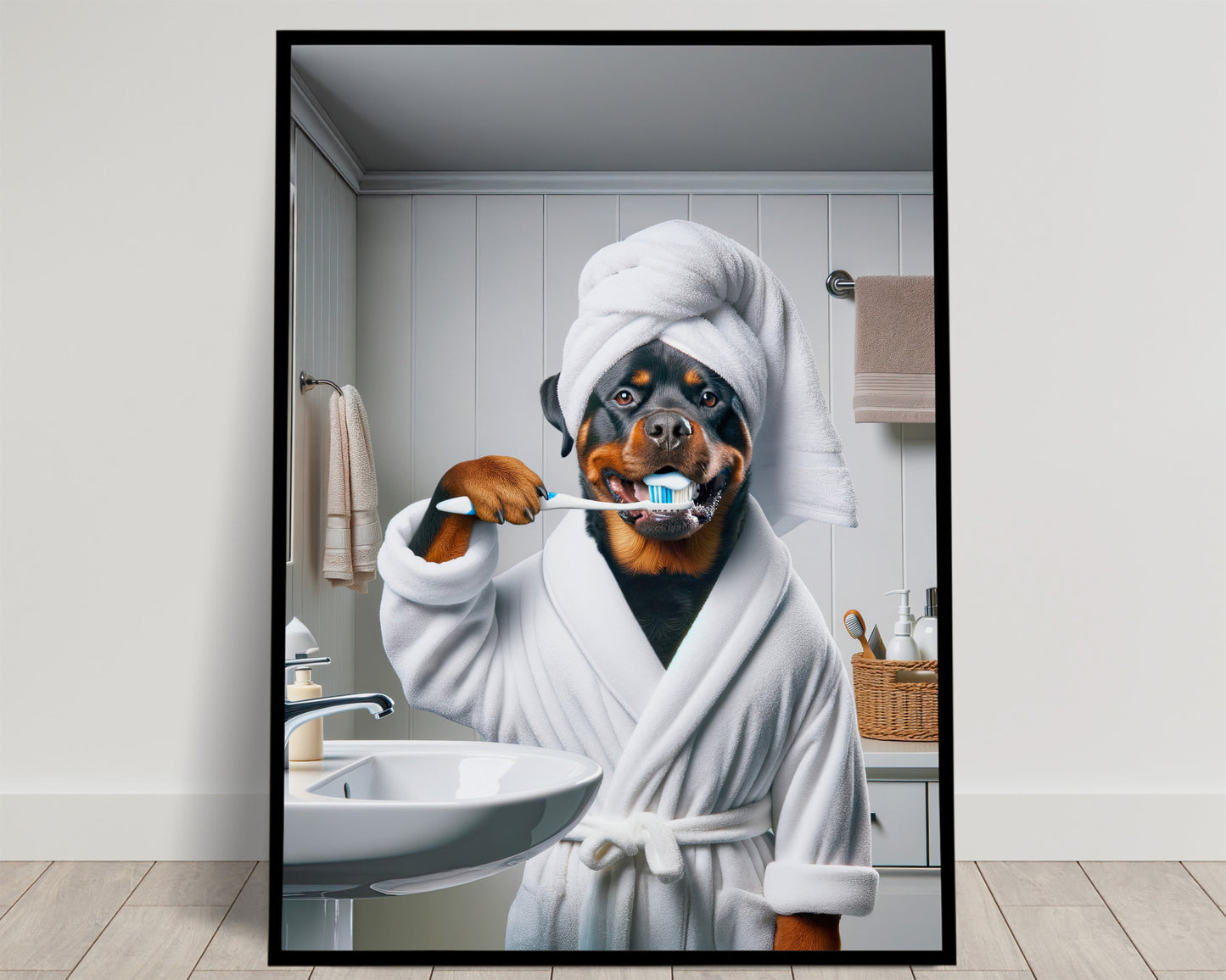 Portrait d'un Rottweiler se brossant les dents en peignoir, Cadre Salle de bain, Déco Humour, Poster SDB, Cadeau Fun, Affiche encadrée