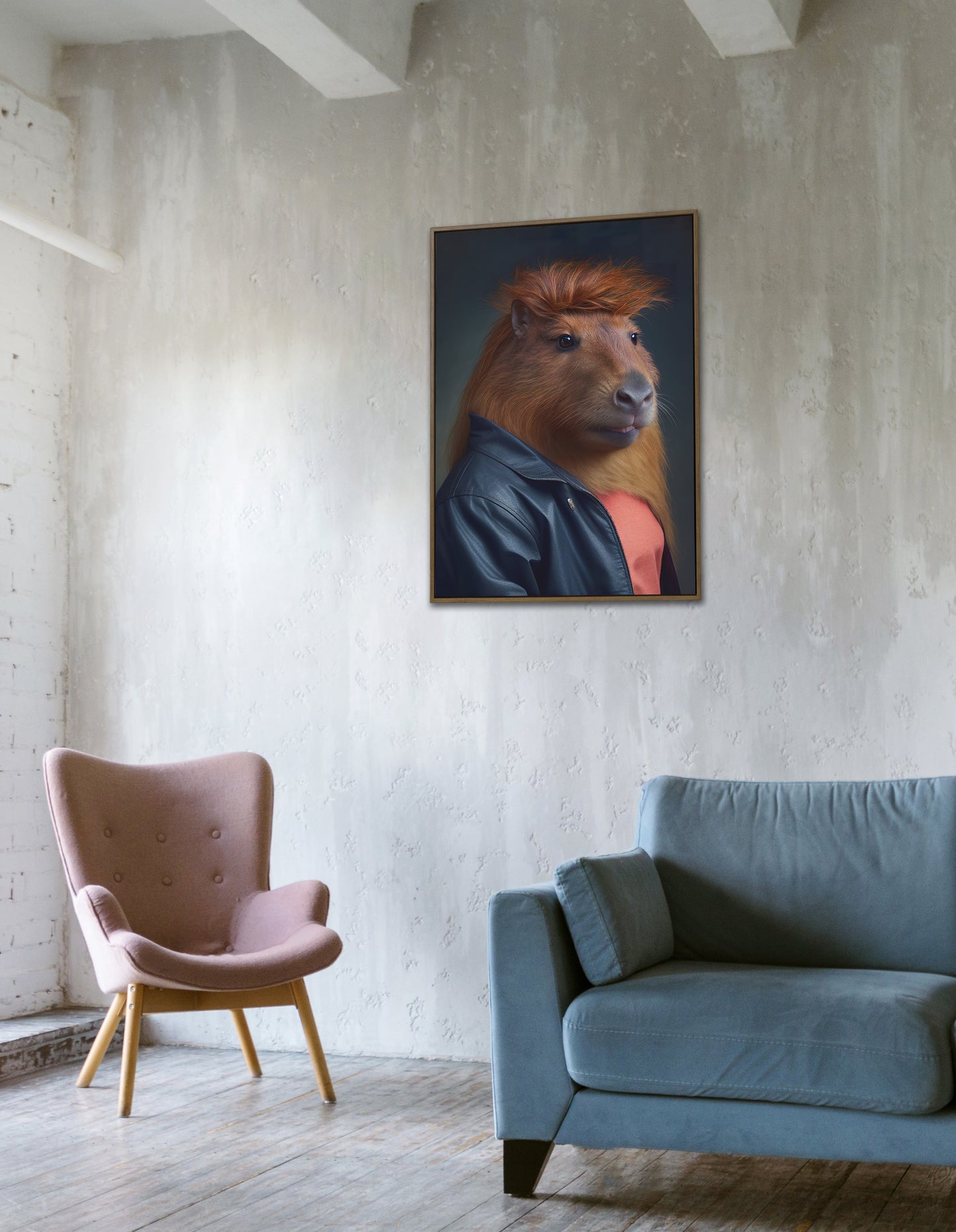 Affiche murale humoristique d'un capybara des années 80 avec coupe mulet, décoration murale originale, poster kitsch à encadrer