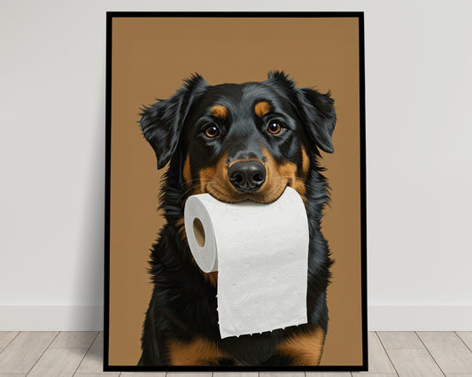 Poster chien Beauceron drôle pour toilettes – Affiche encadrée humour WC, cadeau original Berger de Beauce, déco murale