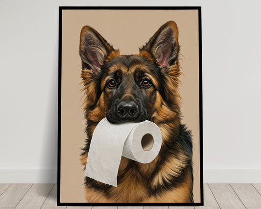 Poster Berger Allemand Humour Toilettes – Affiche Chien Drôle pour WC, Cadeau Décoration Murale, Idée Cadeau Originale