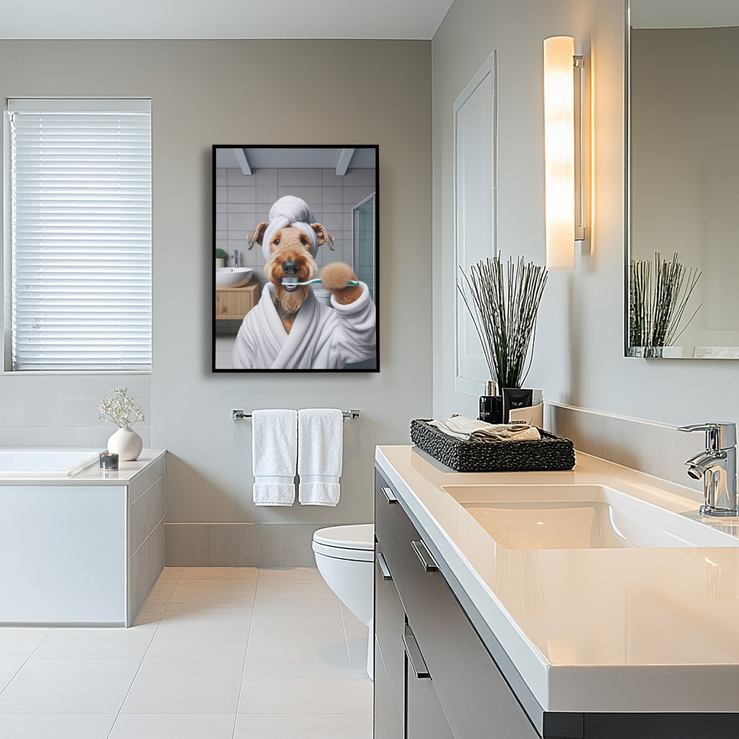 Portrait of a Airedale Brushing Teeth in Bathrobe – Funny Dog Bathroom Decor, Cute Poster, Airedale Print, Beagle Gift, Framed art