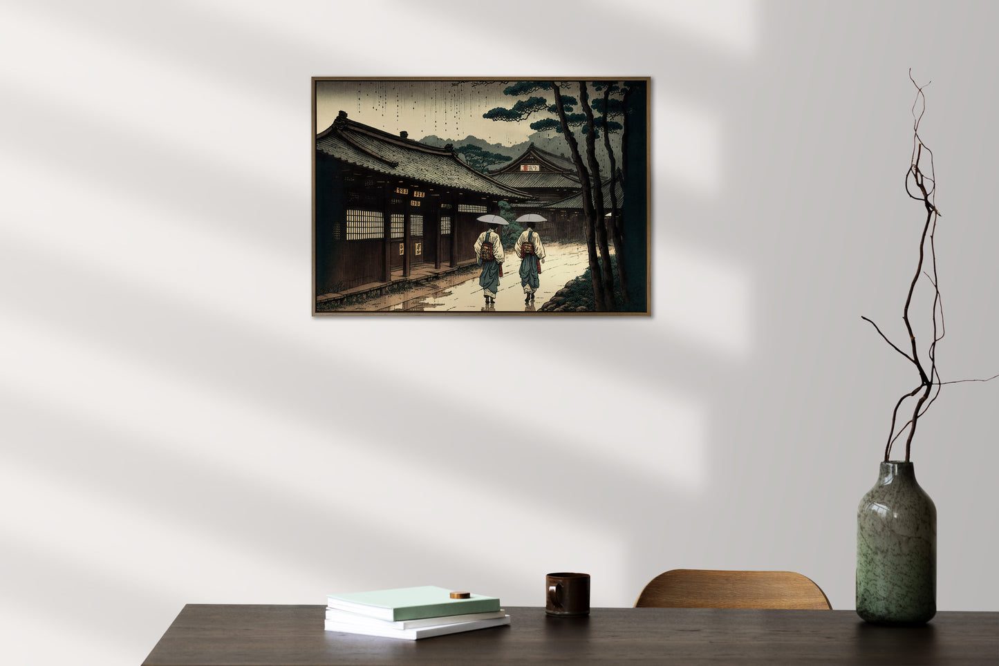 Japanese Village Wall Poster in the Rain – Japanese Art Style Illustration, Rainy Japan Poster for Framing, Home Decor