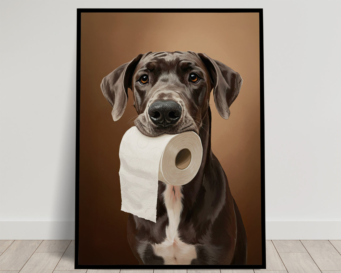Dogue allemand mordant un rouleau de papier toilette, Humour Toilettes, Poster WC, Cadeau Grand danois, Affiche encadrée, Poster chien