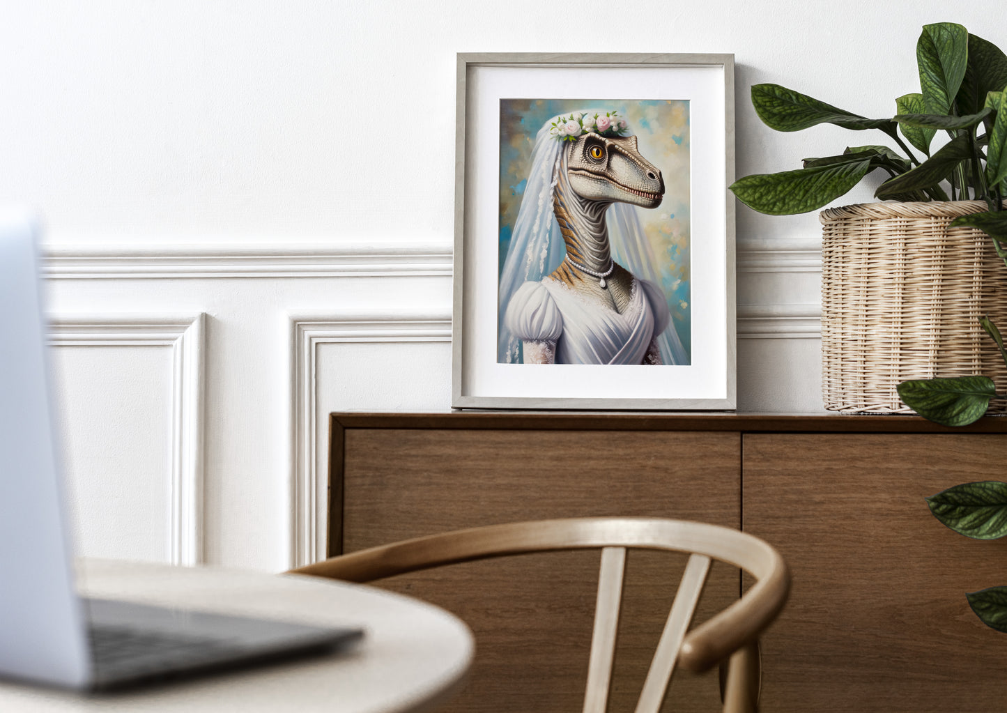 Unique Velociraptor Bride Poster - Dinosaur Wedding Dress Wall Art - Funny Animal Decor Gift
