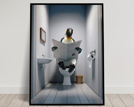 Poster Manchot empereur lisant le journal, Décor humour WC, Cadre déco Salle de bain, Poster Toilettes, Cadeau original