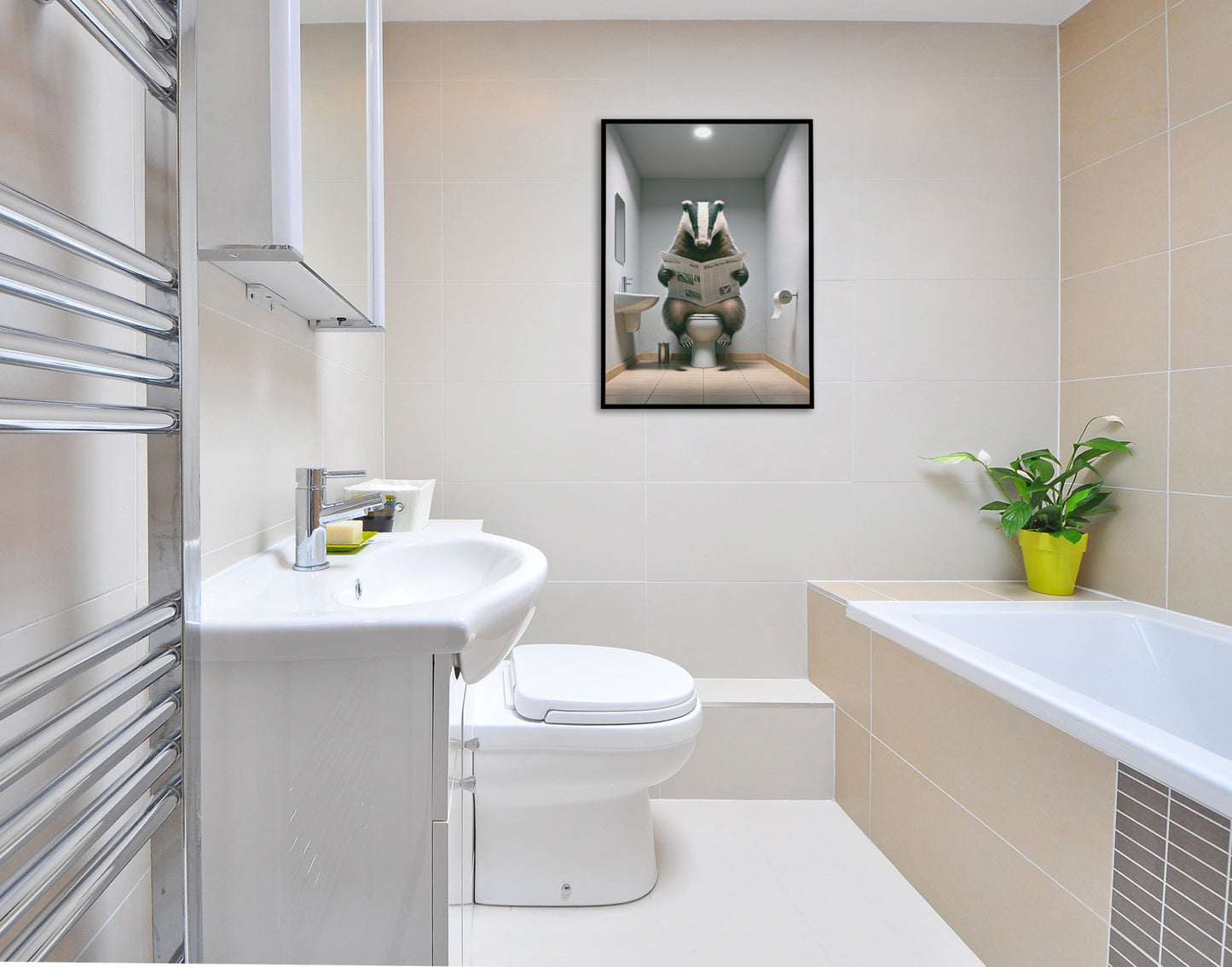 Funny Bathroom Decor Poster - Badger Reading Newspaper on Toilet | WC Wall Art | Unique Gag Gift for Bathroom Spaces