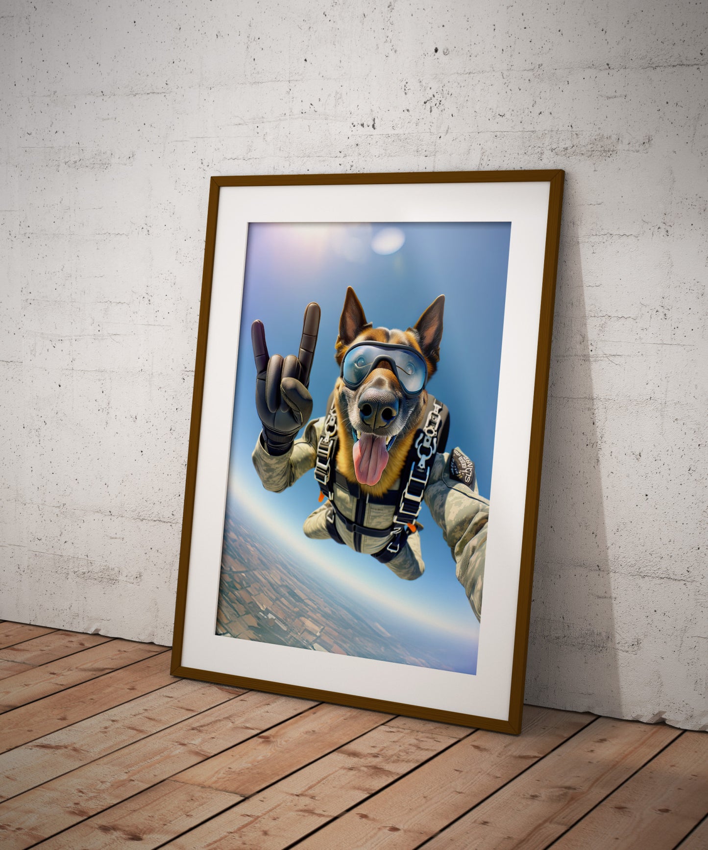 "Epic Skydiving Belgian Malinois Poster - Unique Animal Wall Art for Dog Lovers & Extreme Sports Decor"