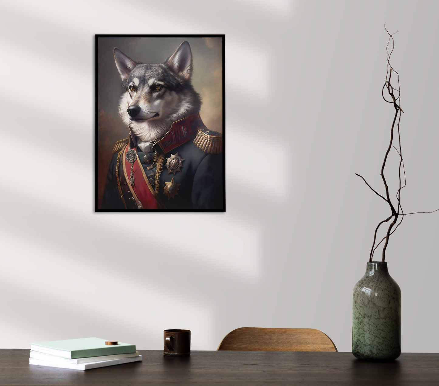 Gray Wolf in Military Uniform Poster – Unique Animal Wall Art, Premium Wolf Wall Decoration