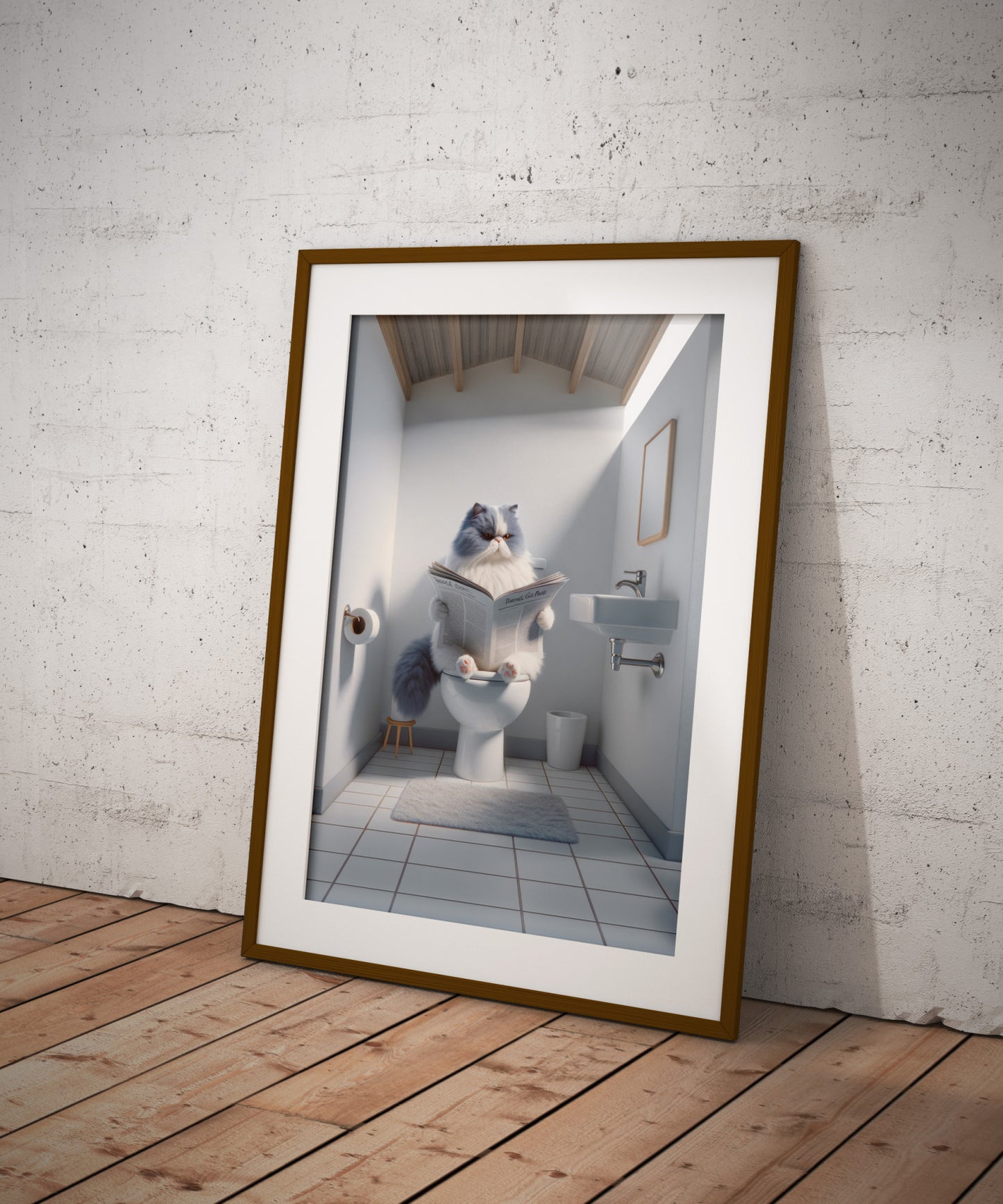 Affiche murale Chat Persan Bleu et Blanc, Lecture Humour Toilettes, Décor WC & Salle de bain, Cadeau Original.