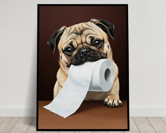 Poster chien carlin drôle pour toilettes – Affiche murale humour WC, déco salle de bains, idée cadeau carlin encadré