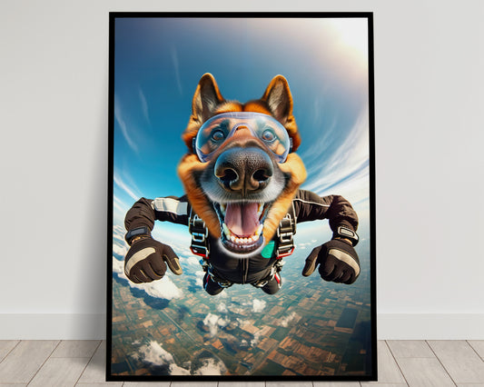 Skydiving German Shepherd Poster - Epic Animal Wall Art Print, Free Fall Dog Decor, Unique Extreme Sport Dog Lover Gift