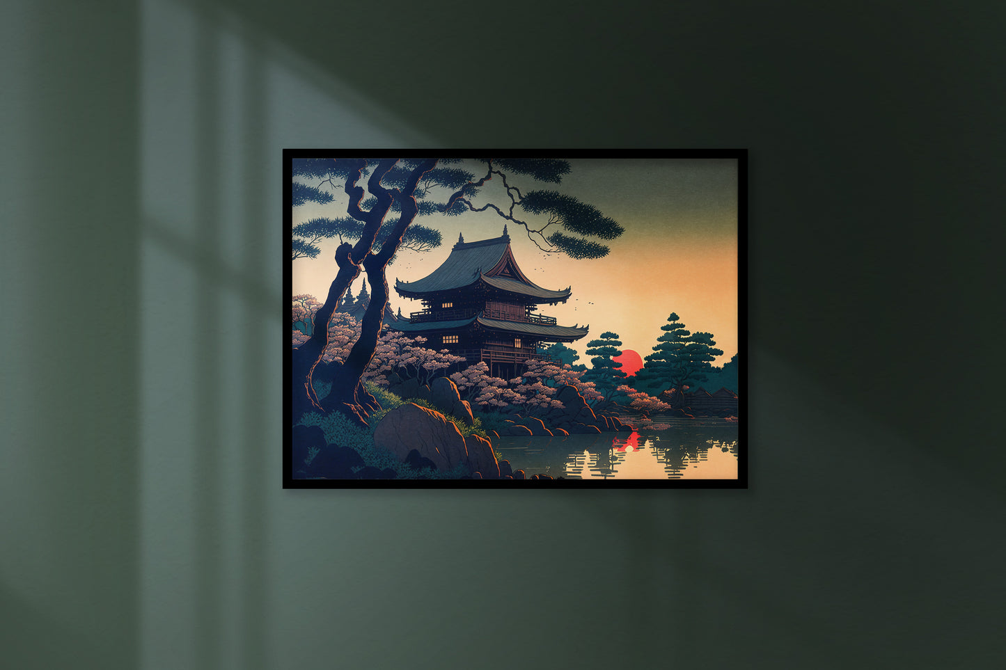 Japanese Temple Wall Poster, Art Style Illustration, Lake Landscape Decor, Frameable Wall Art