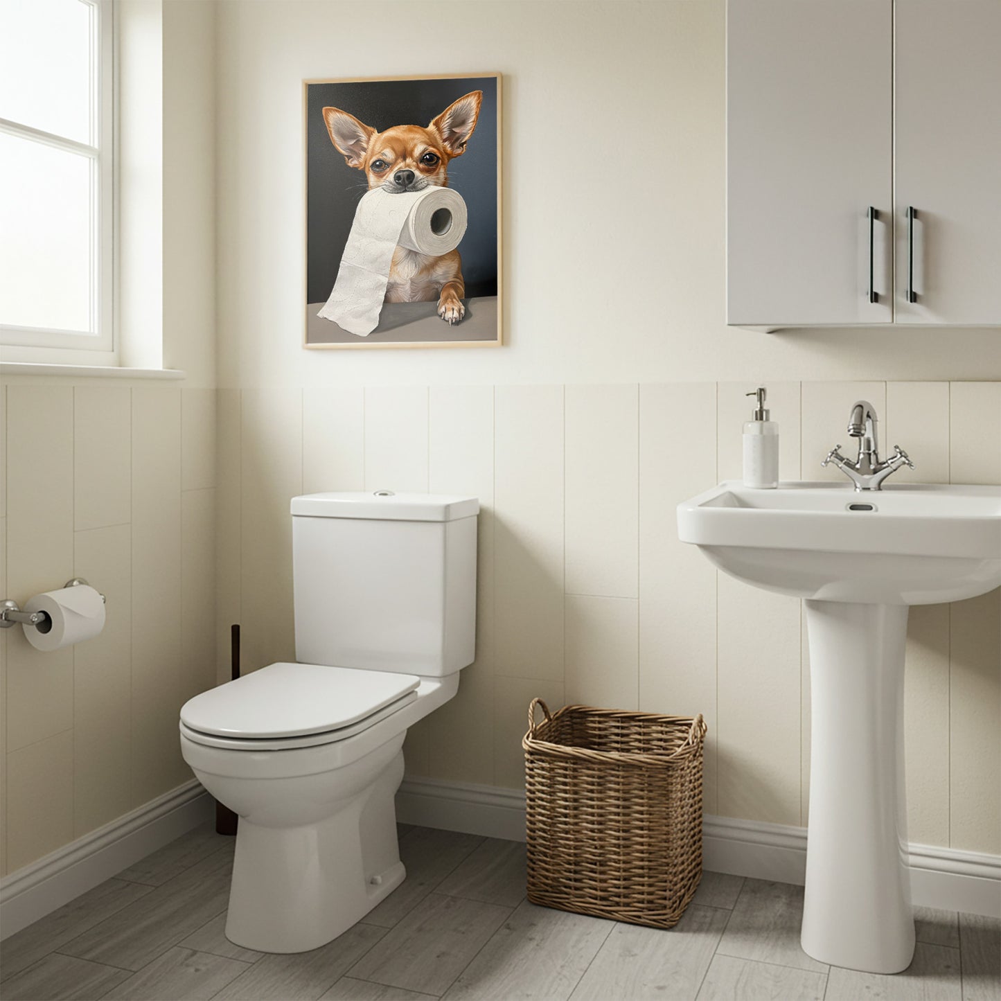 Chihuahua mordant un rouleau de papier toilette, Humour Toilettes, Poster WC, Cadeau Chihuahua, Affiche encadrée, Poster chien